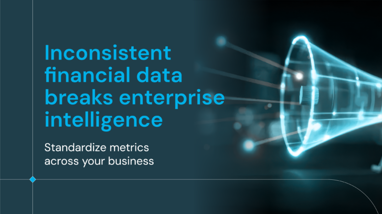 Inconsistent financial data breaking enterprise intelligence concept with digital data funnel visualization and message about standardizing business metrics